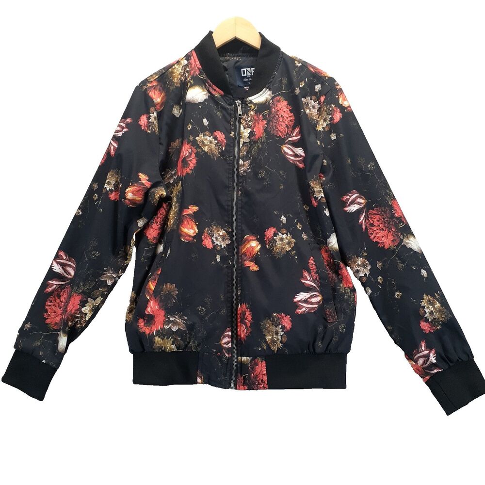 One Life Deluxe Womens Sz XL Floral Bomber Jacket Black Zip Up Streetwear